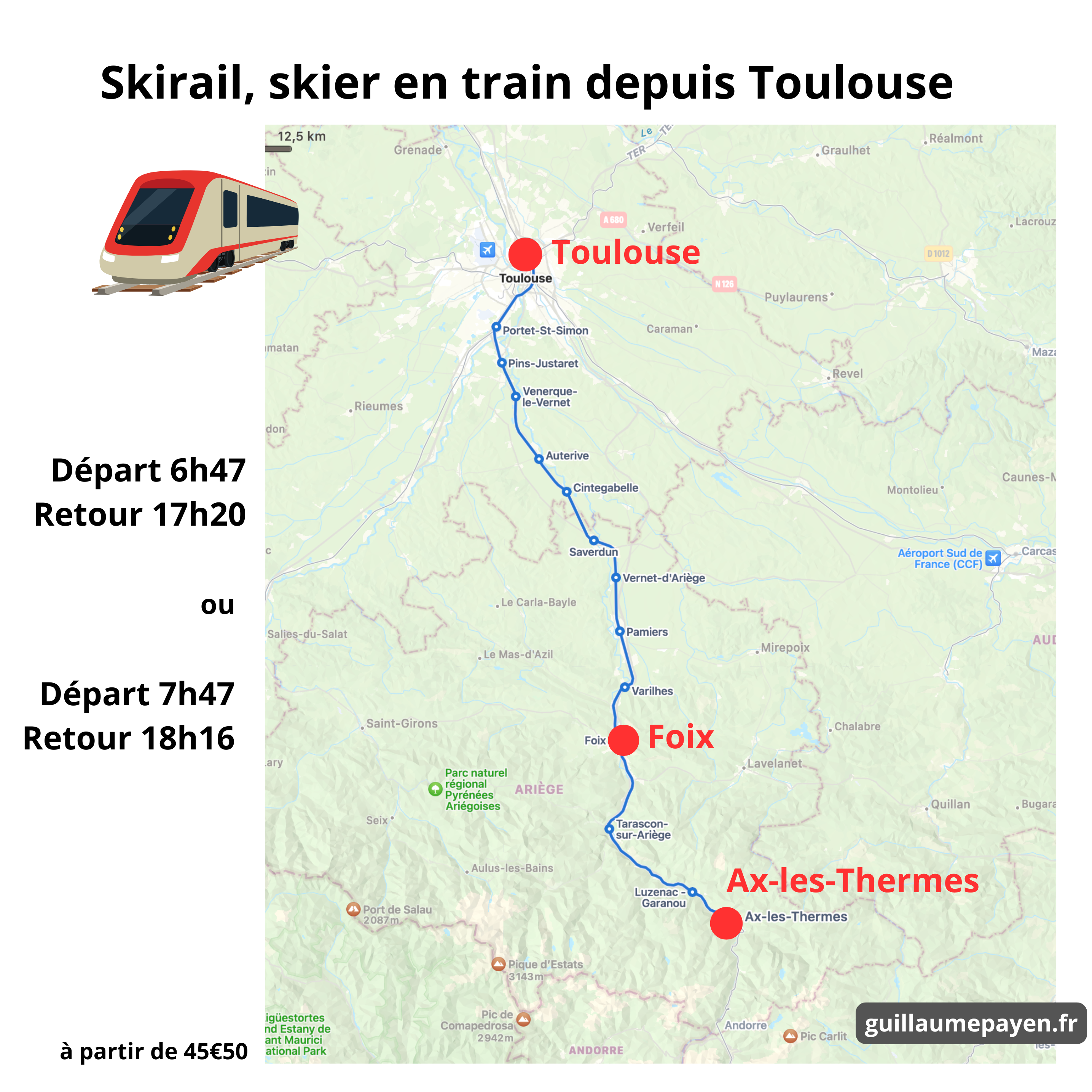 Carte montrant le trajet de train depuis toulouse jusqu'à Ax-les-Thermes avec le skirail pour skier dans les Pyrénées