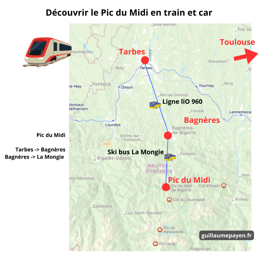 Carte aller au Pic du midi dans les hautes pyrénées en train et car - Guillaume Payen blog voyage