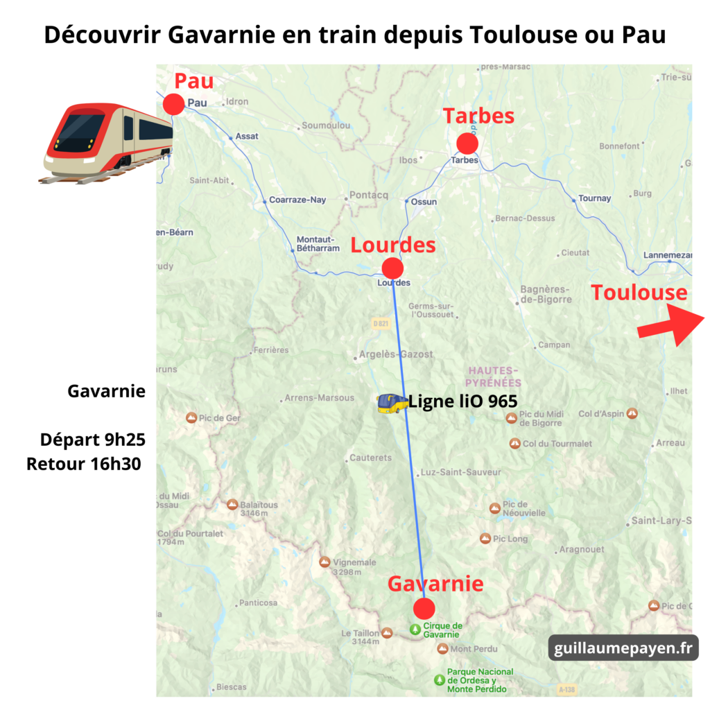 Carte voyage en train depuis Toulouse pour visiter Gavarnie 