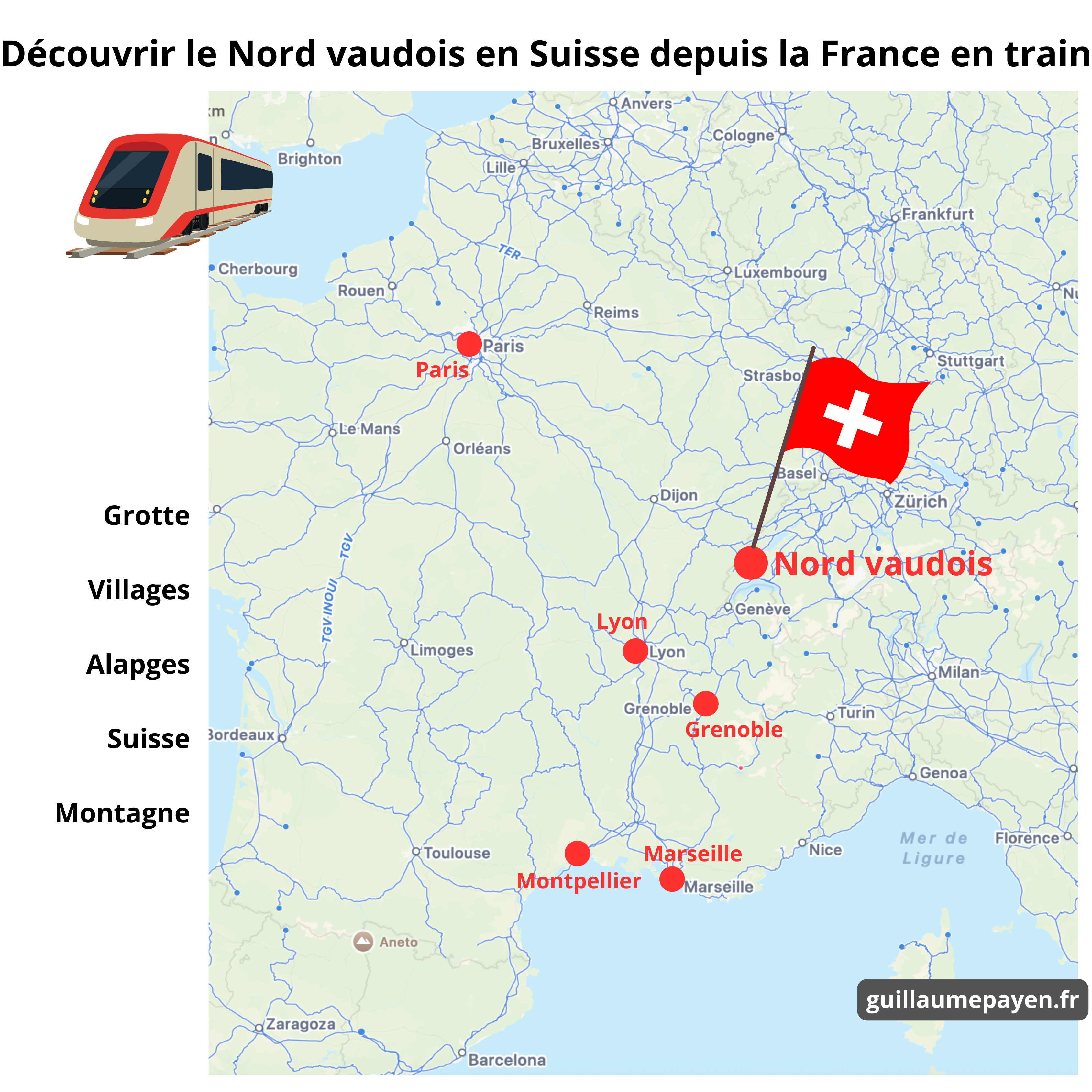 Carte pour situer le Nord Vaudois en Suisse par rapport à la france et son accessibilité en train Carte pour situer le Nord Vaudois en Suisse par rapport à la france et son accessibilité en train