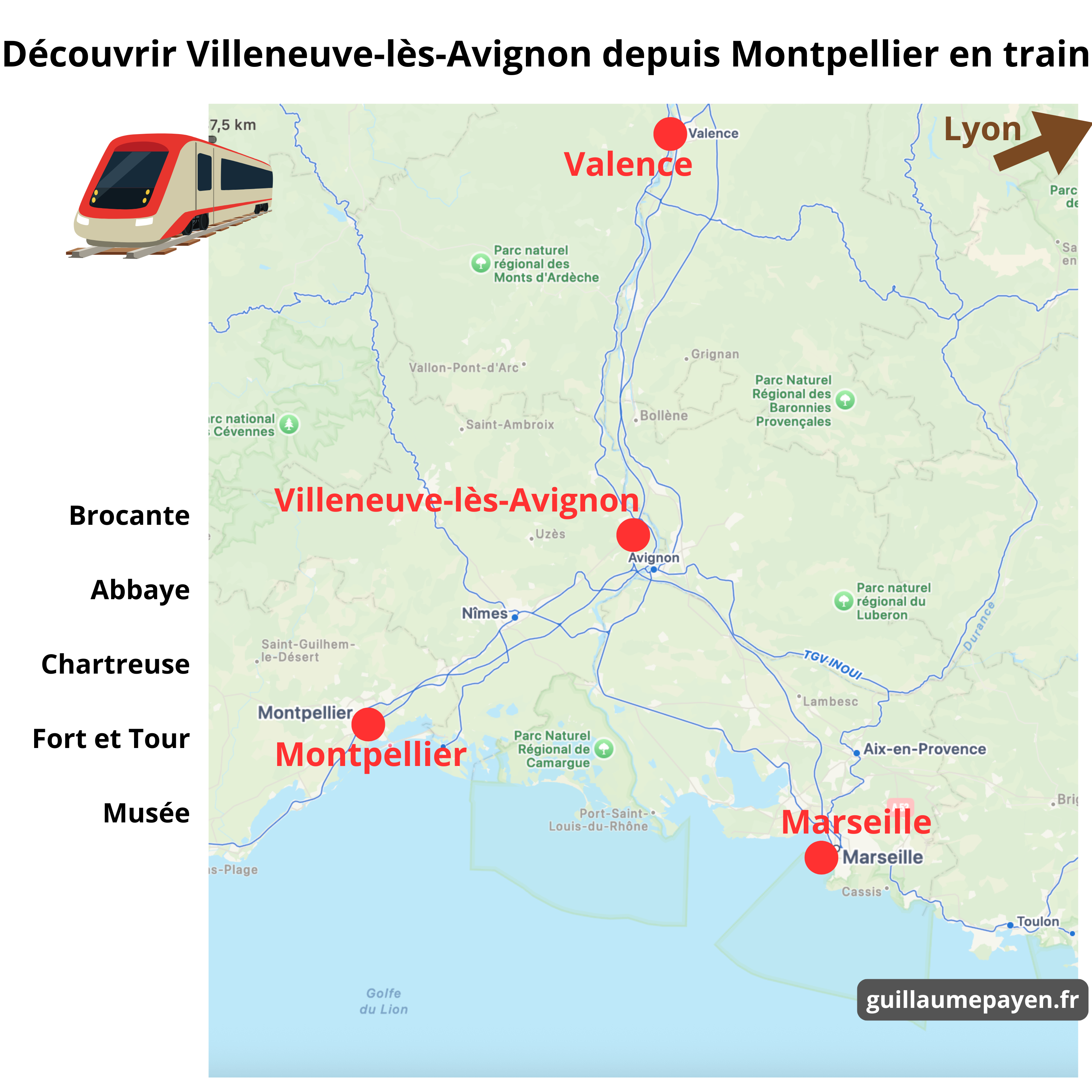 Carte avec les lignes de train pour rejoindre Villeneuve lès avignon depuis Valence, Montpellier et Marseille Carte avec les lignes de train pour rejoindre Villeneuve lès avignon depuis Valence, Montpellier et Marseille
