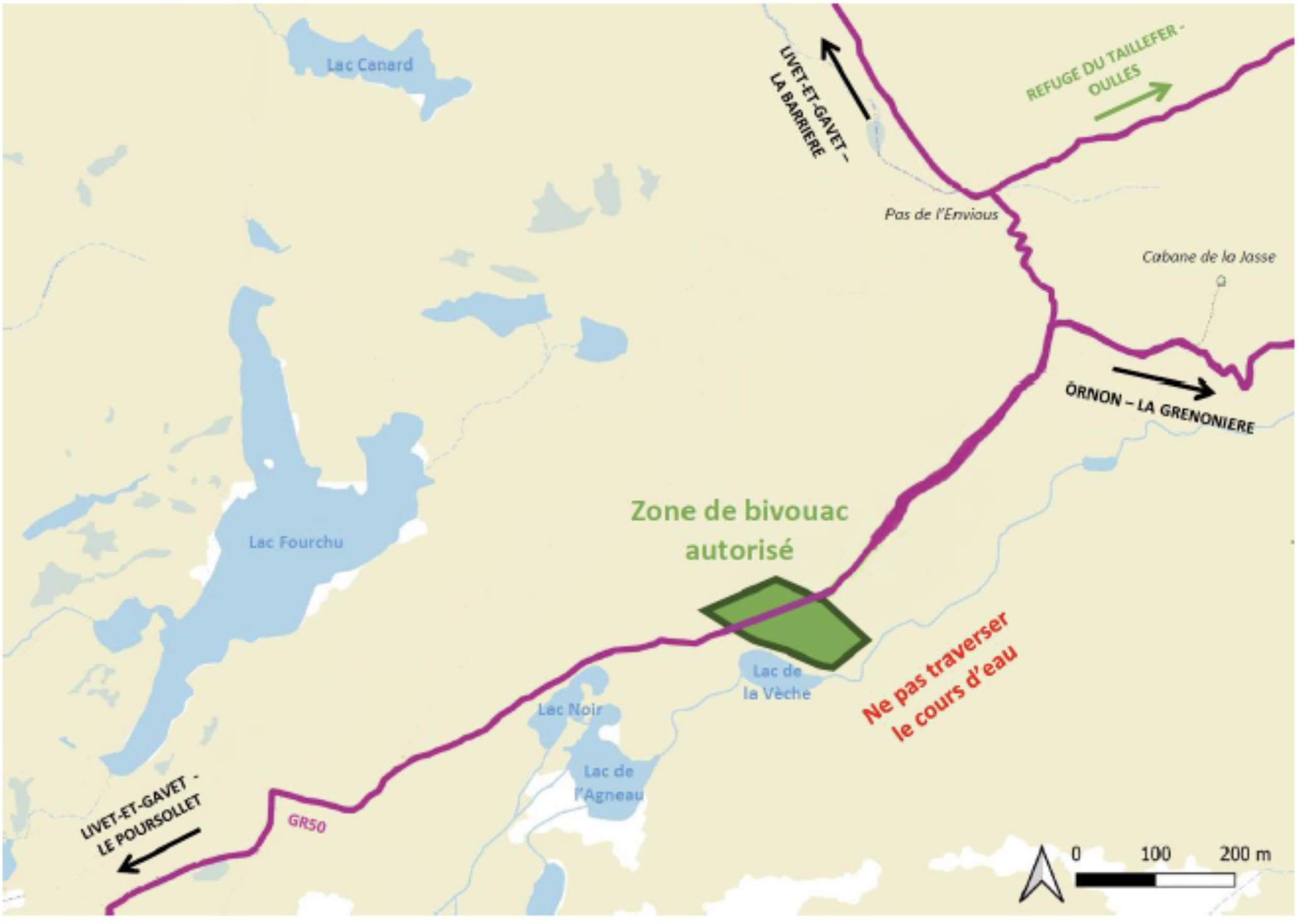 carte zone bivouac autorisé - Lac Fourchu