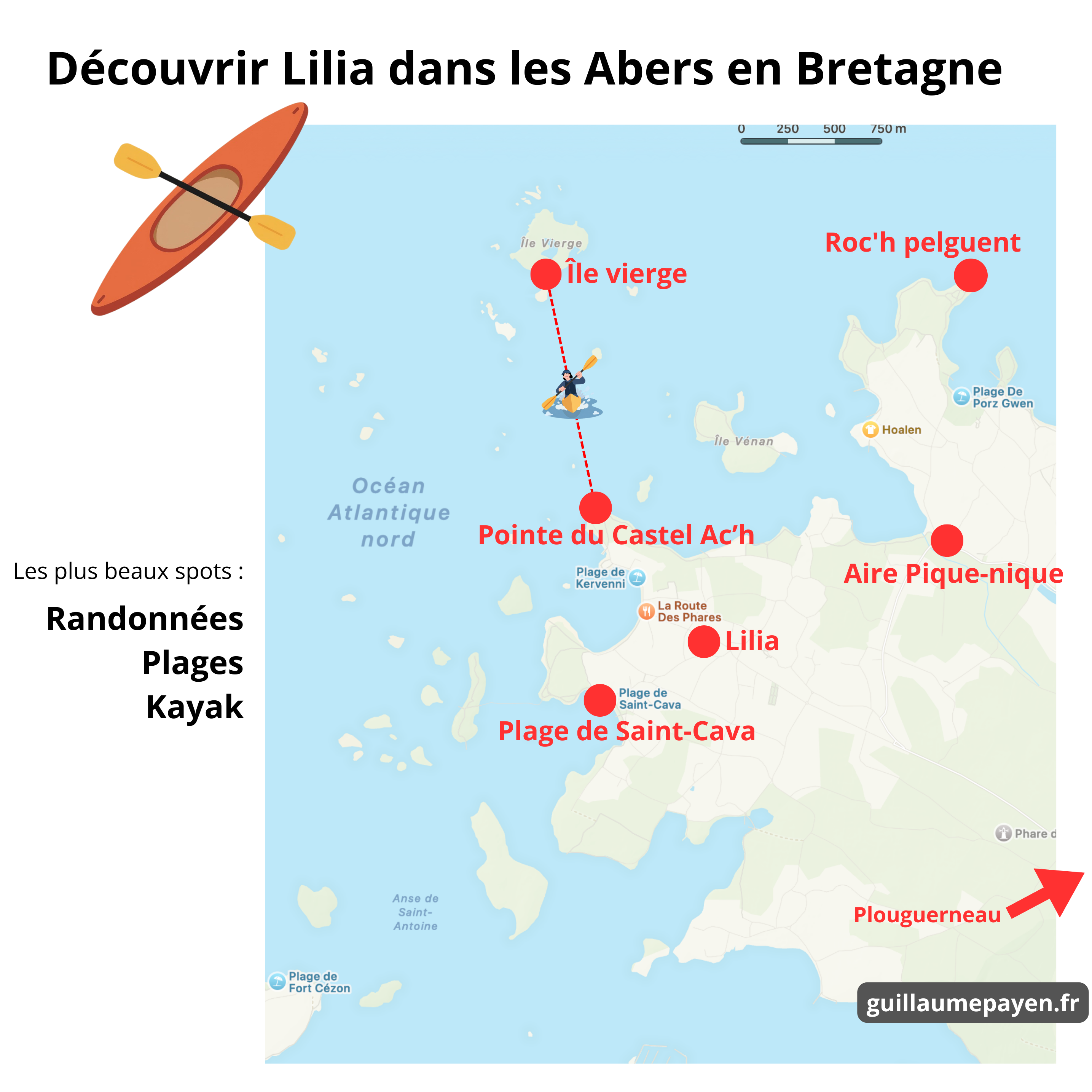 Carte qui présente le Pays des Abers du côté Lilia (Ile vierge, Saint Cava, Castel Ac'h, Roc'h Pelguent)