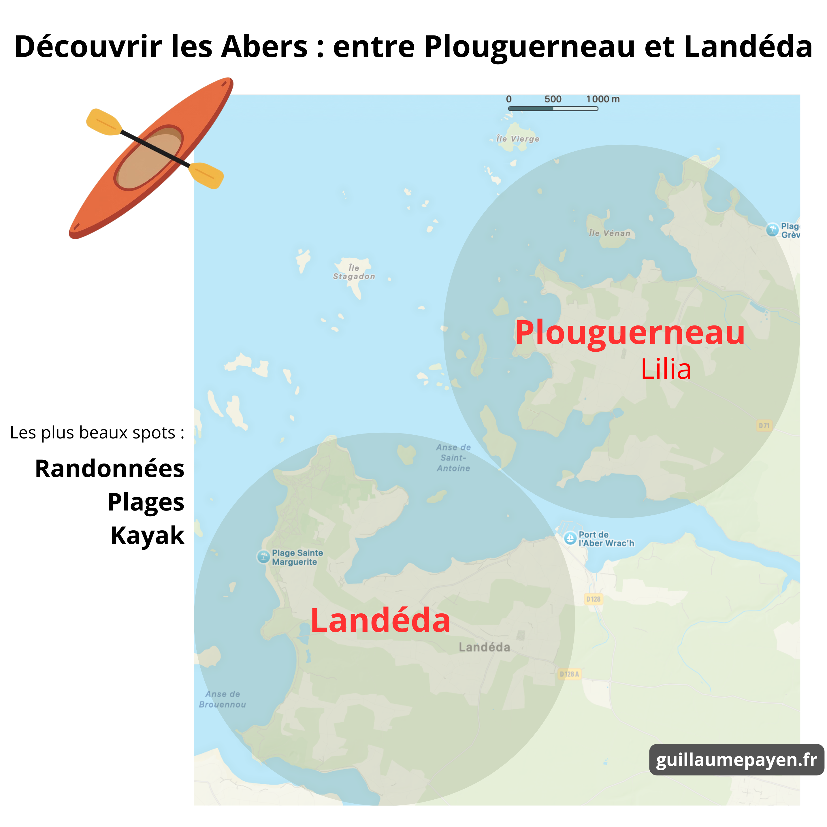 Carte qui présente le Pays des Abers entre Plouguerneau Lilia et Landéda