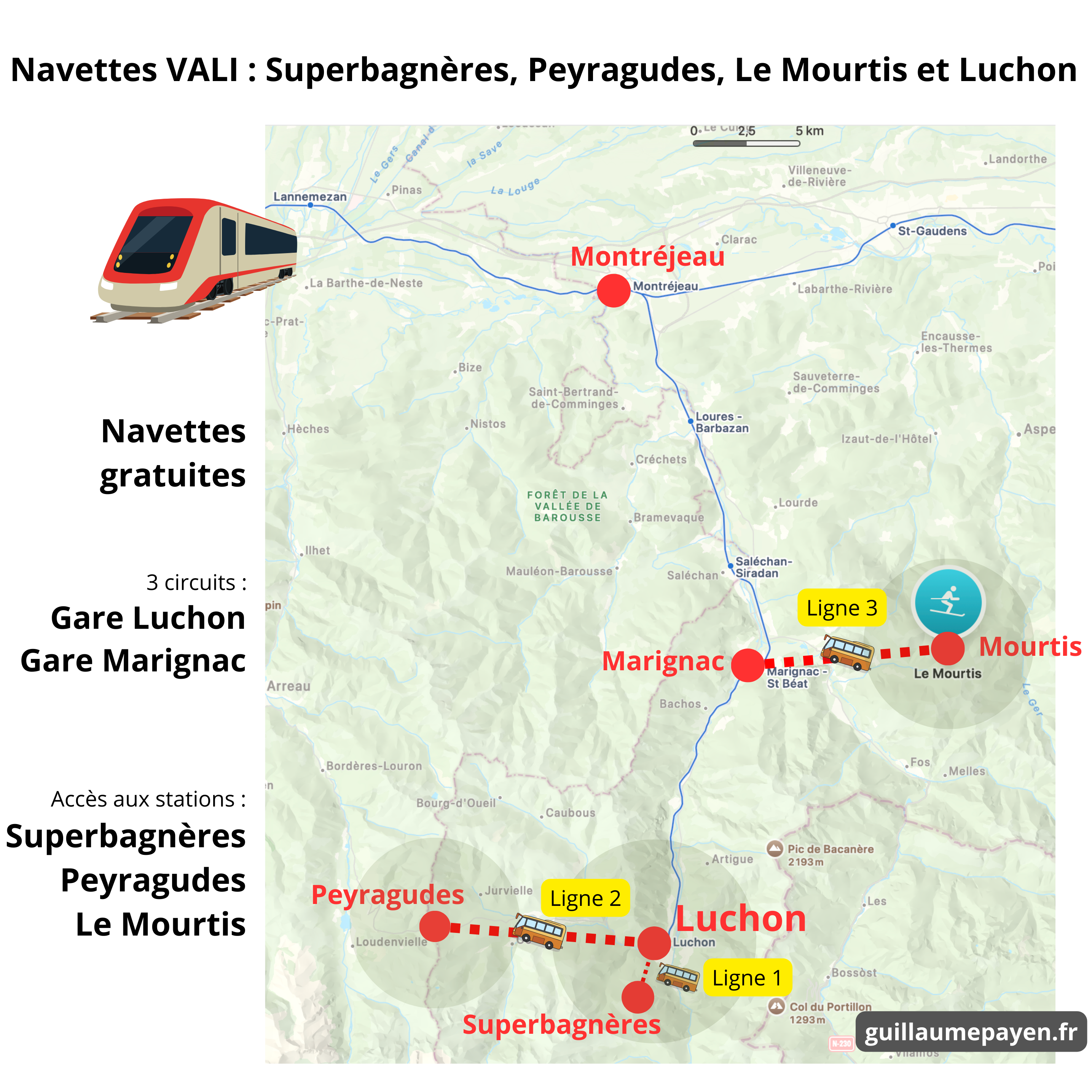 carte du réseau de navettes VALI entre Luchon, Peyragudes, Superbagnères et le Mourtis - Guillaume Payen