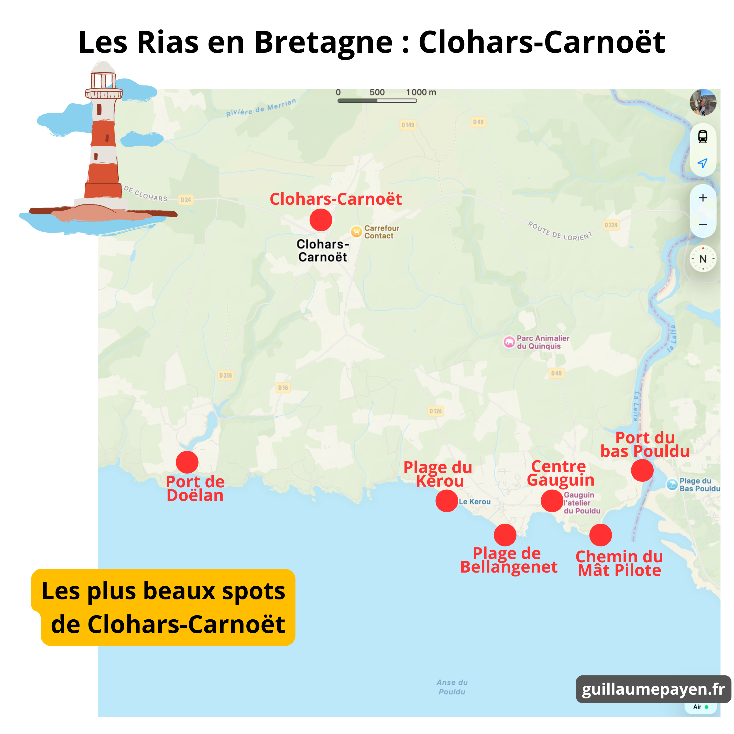 Carte qui montre les plus beaux endroits à voir autour de Clohars Carnoet dans les Rias Finistère Carte qui montre les plus beaux endroits à voir autour de Clohars Carnoet dans les Rias Finistère