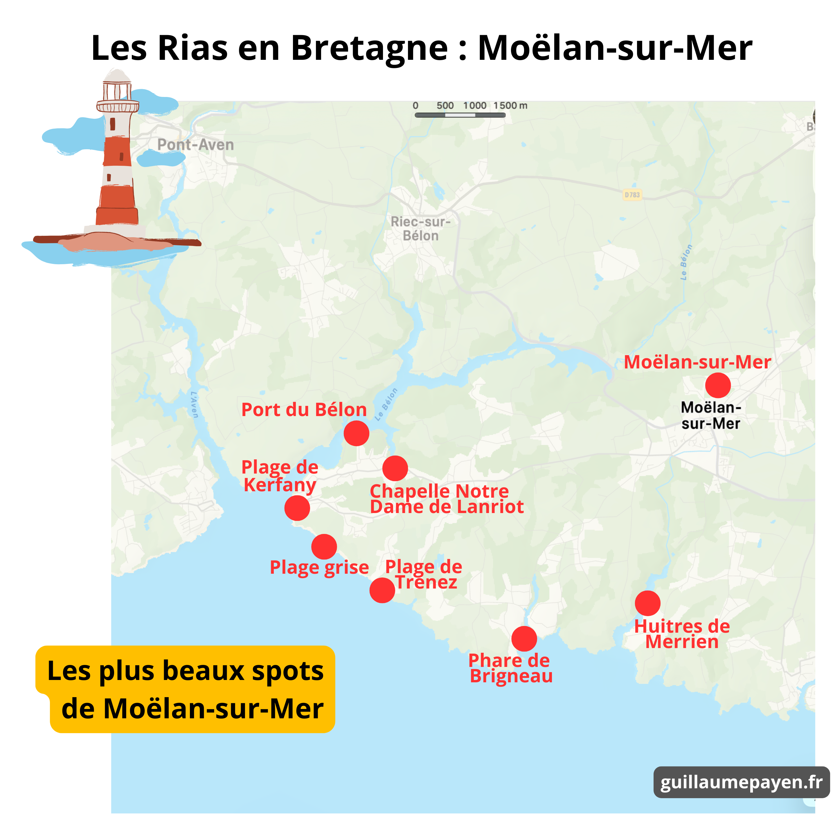 Carte touristique qui présente les plus beaux endroits à voir autour de Moëlan-sur-Mer dans les Rias Finistère Bretagne Carte touristique qui présente les plus beaux endroits à voir autour de Moëlan-sur-Mer dans les Rias Finistère Bretagne