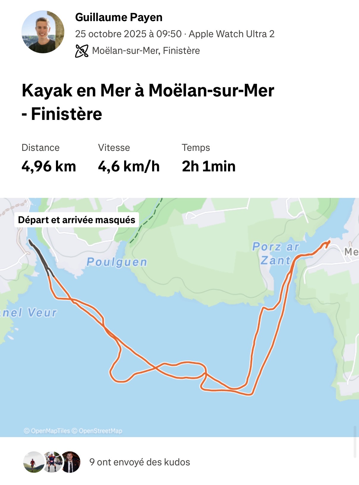 Trace strava d'une activité Kayak dans la ria de Brigneau