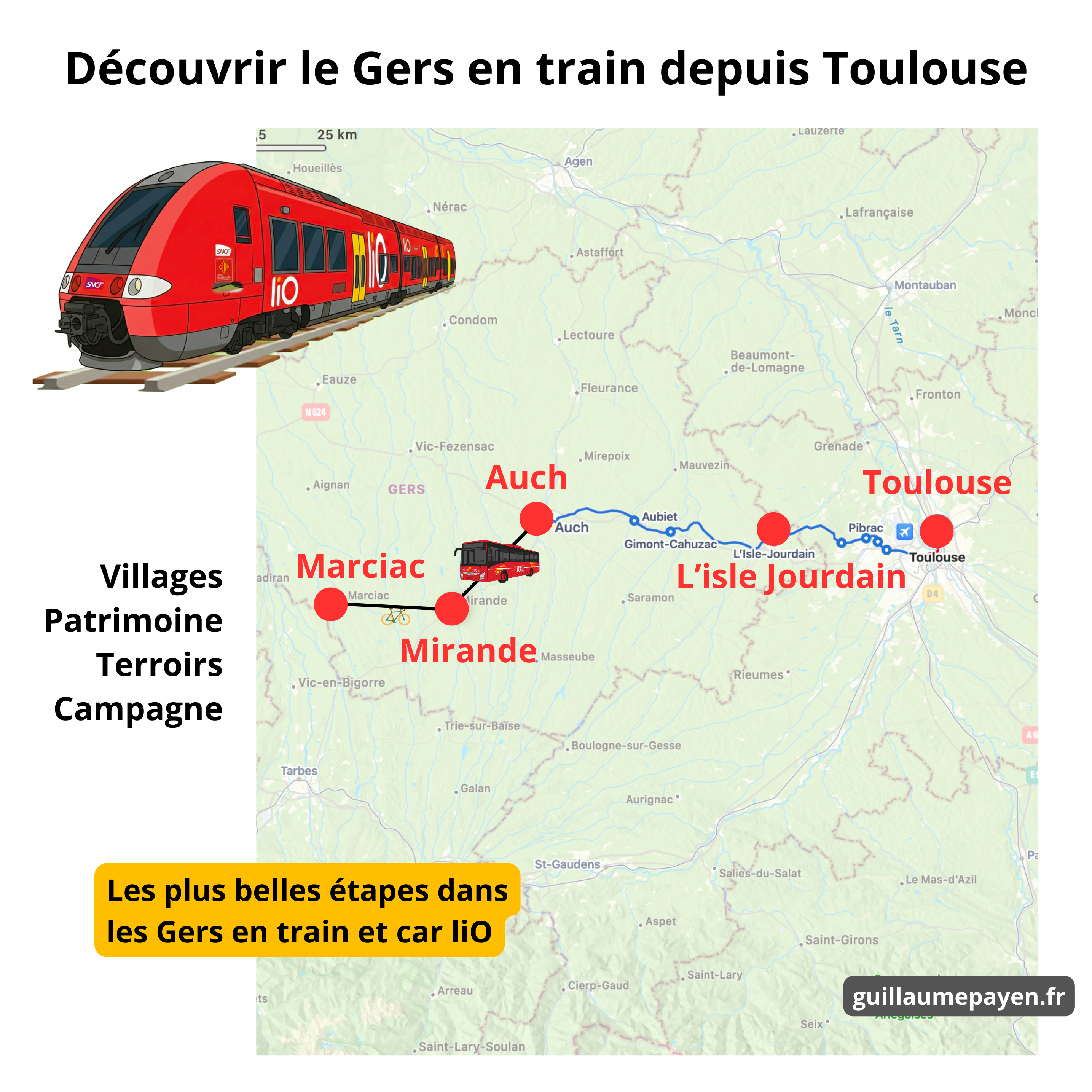 Carte de la ligne de train qui montre l'itinéraire précis pour découvrir le Gers en train avec les étapes Isle Jourdain, Gimont, Auch, Mirande, Tillac et Marciac