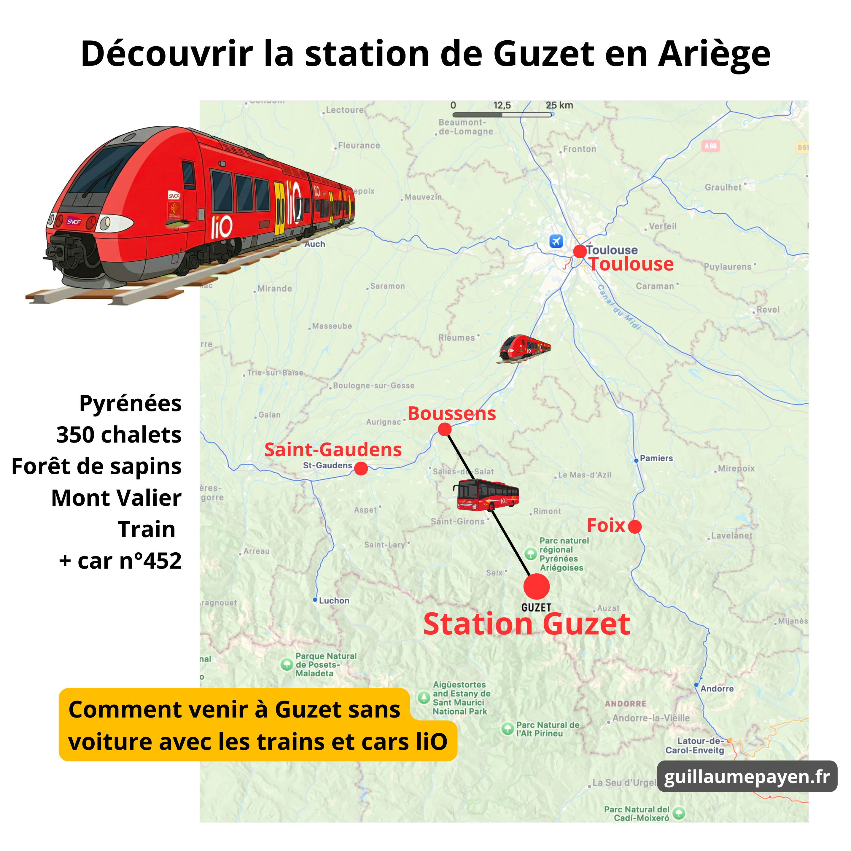 Carte qui montrer comment rejoindre la station de Ski de Guzet dans le Couserans Pyrénées en transports en communs (train, bus, car...) - Guillaume Payen Voyage