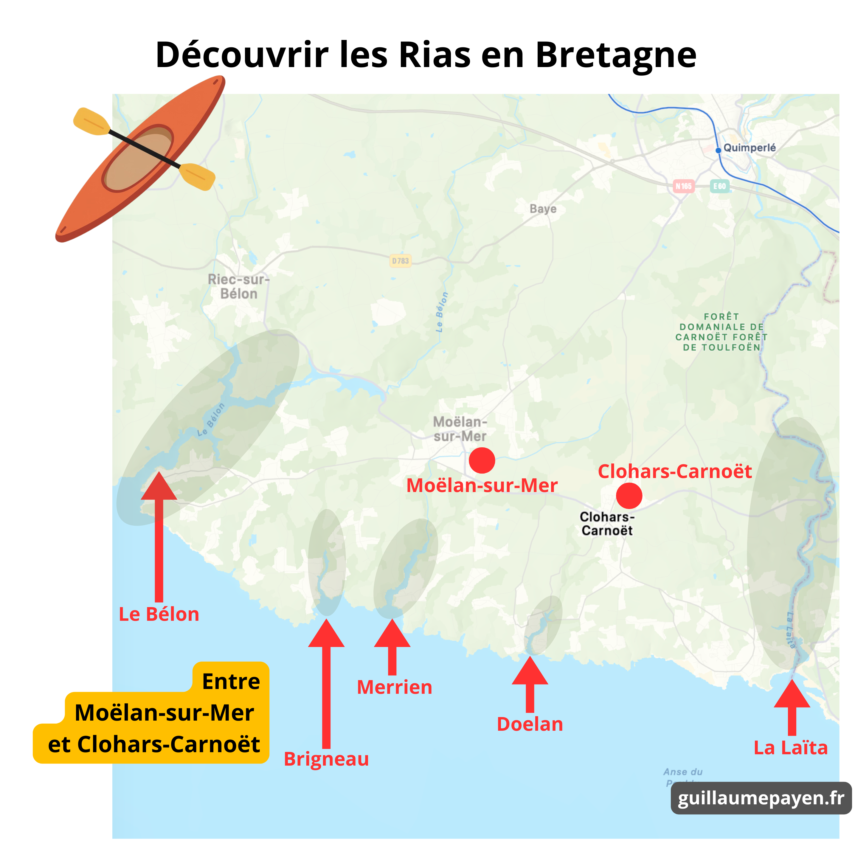 Carte qui détails où sont les Rias du Bélon, Brigneau, Merrien, Doelan et la Laïta