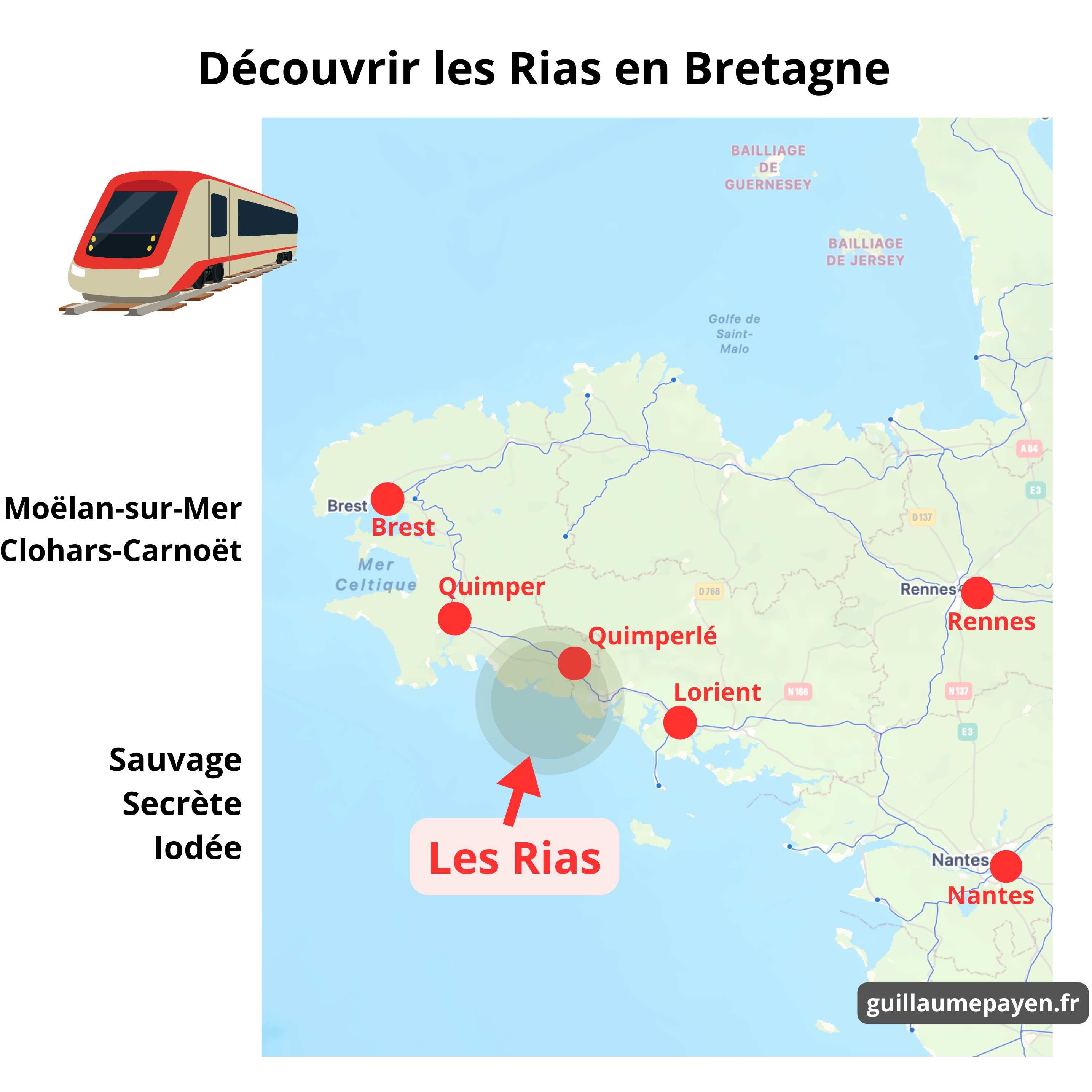 Carte qui permet de situer les Rias en Bretagne, proche de Quimperlé, Lorient et Quimper.